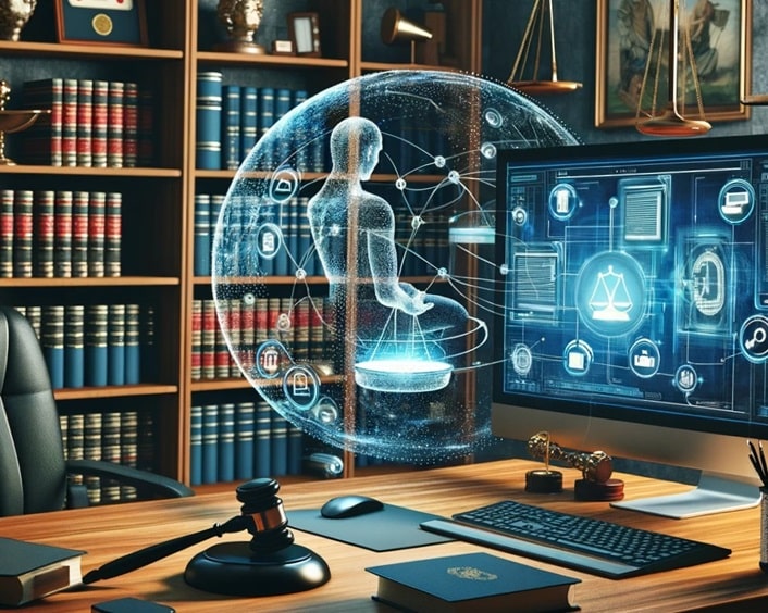 DALL·E 2024-03-19 06.46.42 - An image that represents a realistic view of the future legal landscape, combining modern technology with traditional legal elements. The scene should